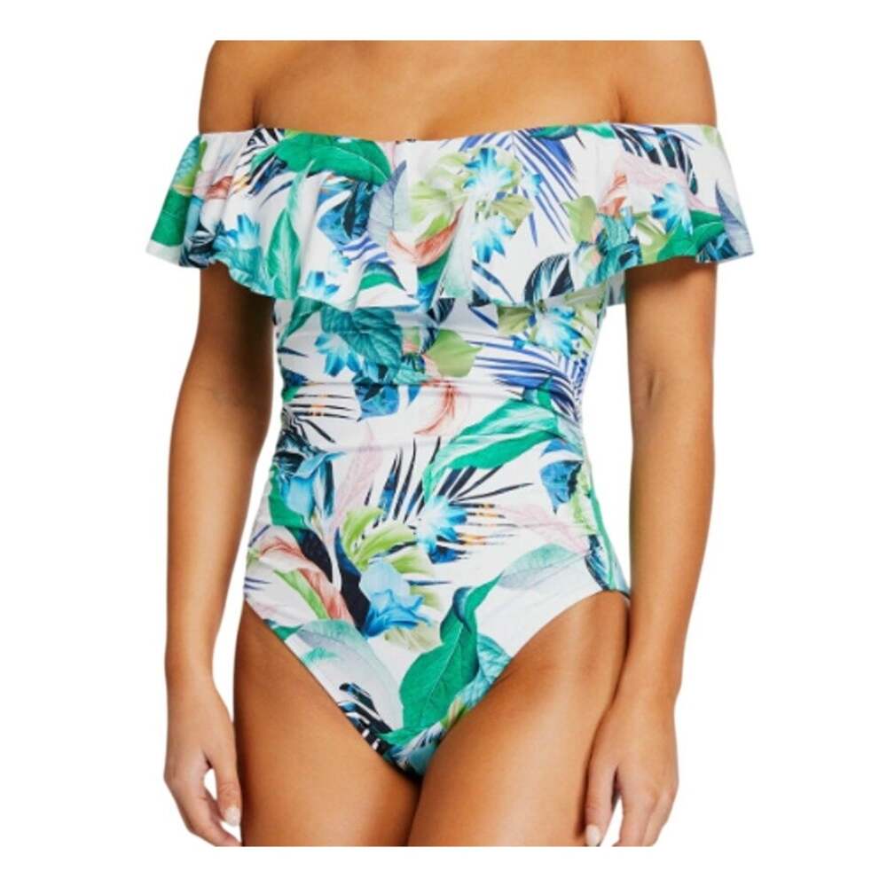 La Blanca White Floral Tropical Ruffle Off The Shoulder Beach One Piece Swimsuit